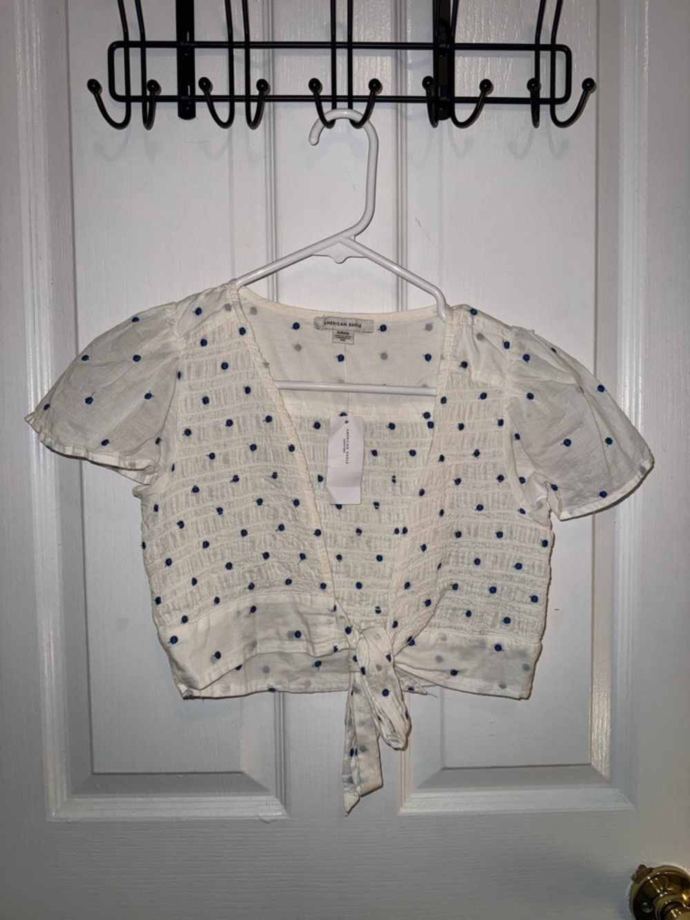 Never Worn American Eagle Outfitters White Crop Top with Blue Dot Smocking